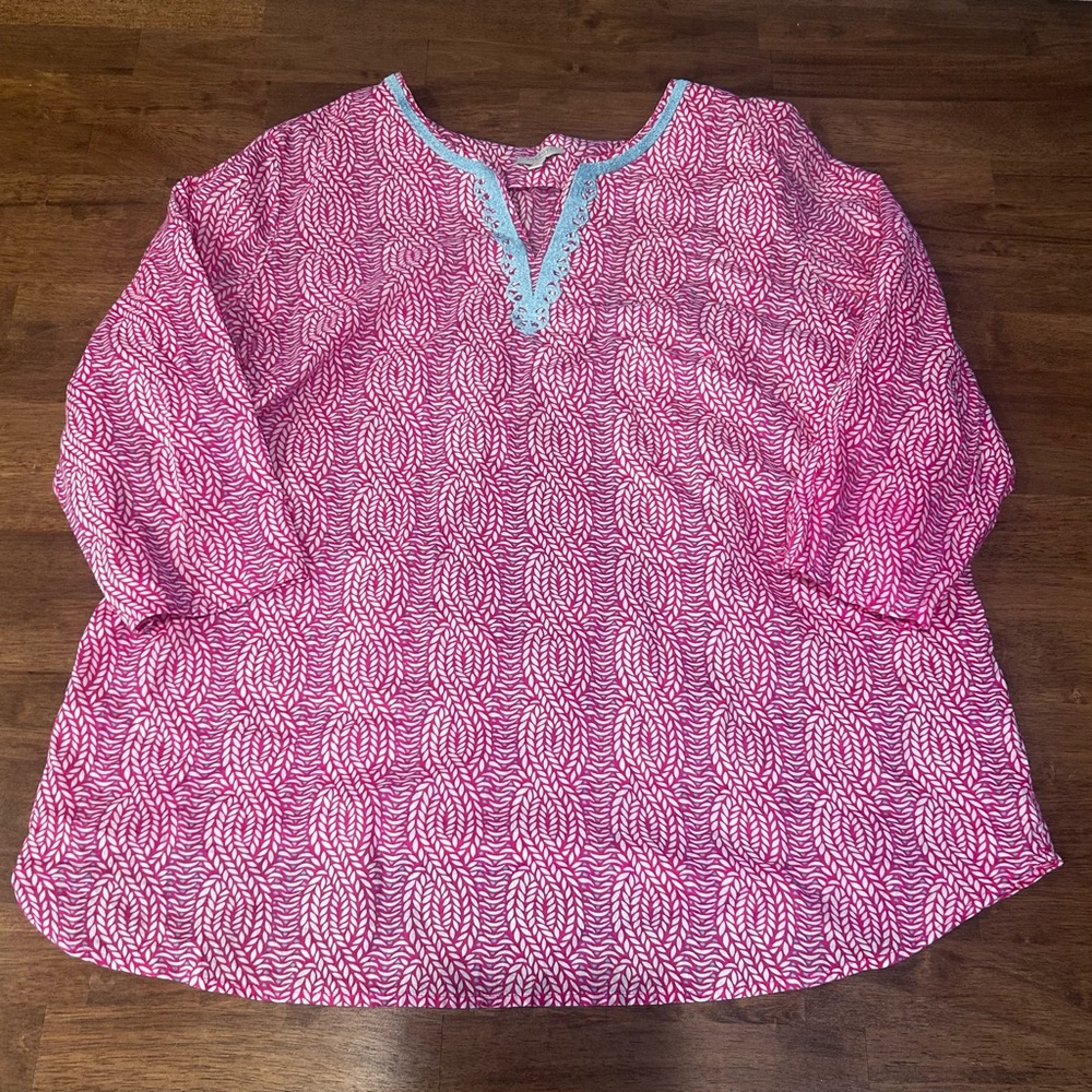 Talbots Pink Print Tunic with Light Blue Trim